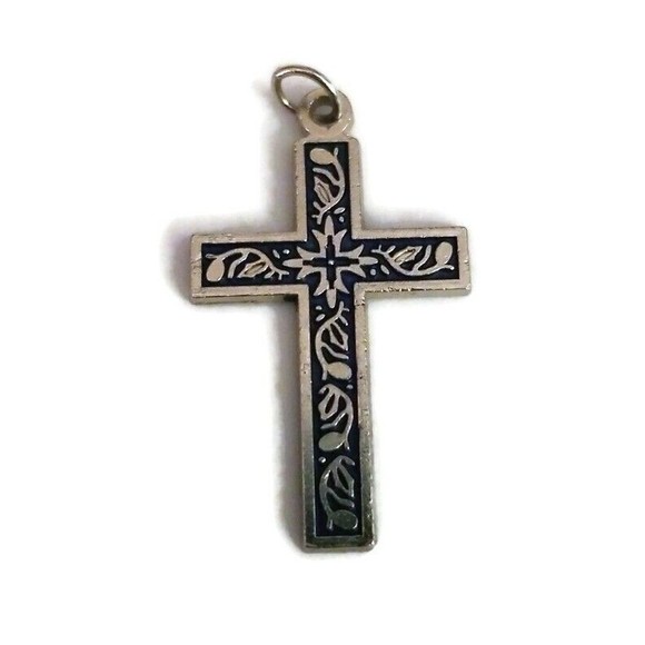 Unbranded Jewelry - Vintage Cross Necklace Pendant Silver Tone Flower Fruit Leaves Vine